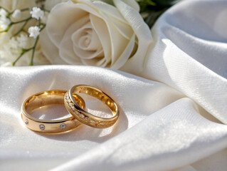Gold Wedding Rings on White Satin with Roses and Baby&rsquo;s Breath Flowers Ai-Generated