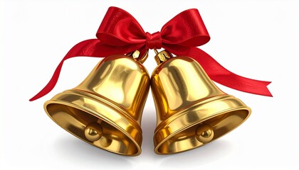Festive Golden Bells with a Red Bow, Holiday Season Decoration