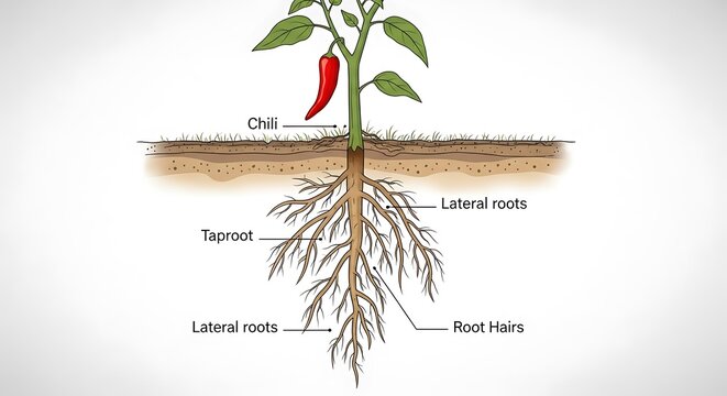 Detailed illustration of a pepper plant root system and its parts.