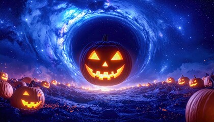 Fototapeta premium Pumpkin swirling through mystical vortex surrounded by glowing pumpkins, representing magical Halloween supernatural vibe with eerie spooky atmosphere.