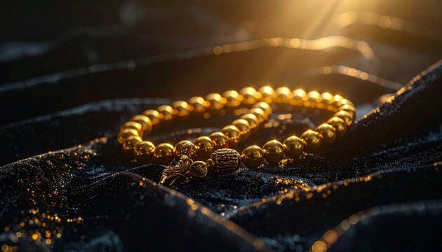 Golden Islamic prayer beads (tasbih) arranged on a dark surface with warm lighting, symbolizing faith, worship, spirituality, and Ramadan concept.
