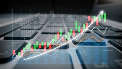 This image illustrates a modern blend of finance and technology, showcasing stock market growth with colorful charts overlaid on a laptop keyboard, symbolizing digital investment trends. Copula