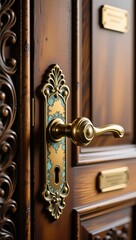 Intricate door handle design historic building close-up wood elegant