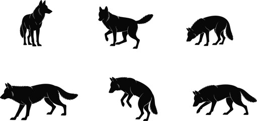 Wolf silhouette set, black forest predator icons, standing, walking, hunting poses, wild animal vector illustration for wildlife design