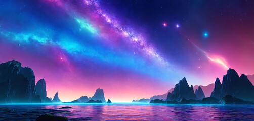 Surreal Aurora Landscape with Neon Lake