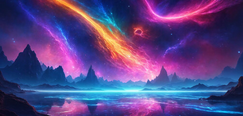 Surreal Aurora Landscape with Neon Lake