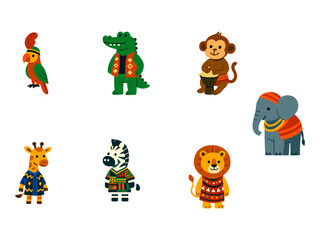 a collection of cute cartoon animals, including a parrot, crocodile, monkey, elephant, giraffe, zebra, and lion, each dressed in colorful clothing