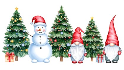 Festive Christmas scene with trees, snowman, and gnomes