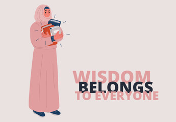Vector illustration of a woman in Muslim clothing holding a stack of books symbol of knowledge, education, and cultural wisdom