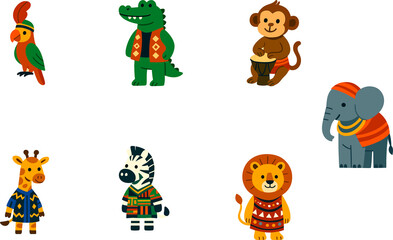 a collection of cute cartoon animals, including a parrot, crocodile, monkey, elephant, giraffe, zebra, and lion, each dressed in colorful clothing