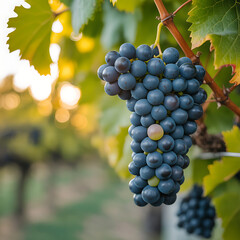 Close up of ripe dark blue grapes hanging from a vine in a vineyard at sunset with soft golden light filtering through the leaves