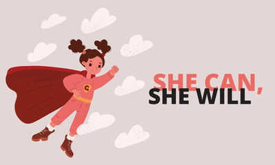 Vector illustration of a little girl as Superman flying in the sky symbol of courage, imagination, and limitless potential