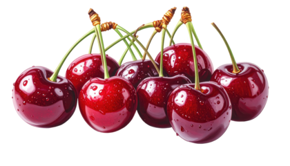 A  view displays a cluster of ripe, glistening cherries with their stems, showcasing vibrant red hues and water droplets against a stark black background, creating a striking contrast, highlighting...
