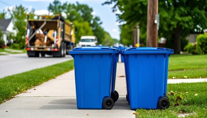 Blue recycling bins on a city street, with a garbage truck in the background