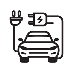 Minimal black and white electric car icon with charging cable