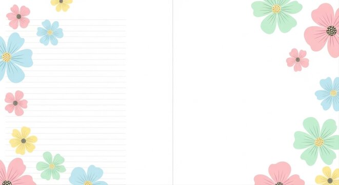 Floral stationery paper with pastel flowers and writing lines for notes and letters