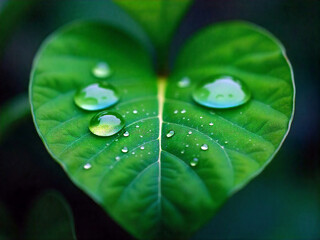 Heart-Shaped Green Leaf with Water Droplets and Blurred Natural Background Ai-Generated