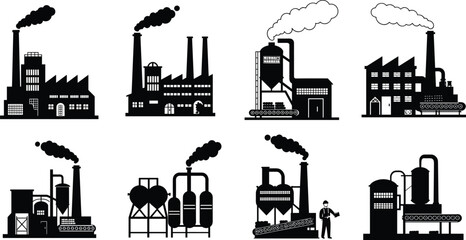 Industrial factory icon set, black silhouette manufacturing plant collection, smoke chimney illustration, refinery equipment vector, engineering industry graphics