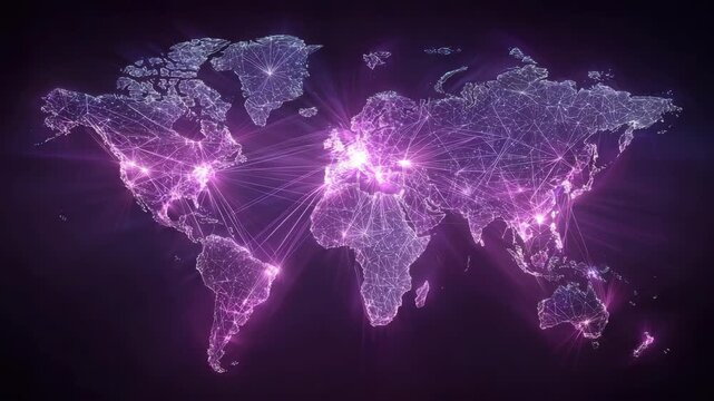 Global map with glowing purple network connections, digital style, on a dark background. Concept of global connectivity and data exchange