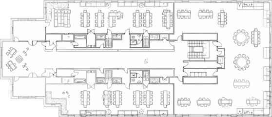 Vector art of architectural floor plan of a large commercial building with multiple office and seating areas