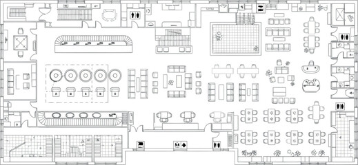 Vector art of detailed floor plan of a modern office space with workstations, meeting rooms, and common areas