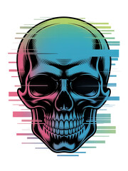 Glitch art skull with vibrant neon colors and horizontal lines isolated on transparent background