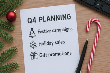 Q4 planning festive campaign holiday sale gift promotion seasonal marketing evergreen fir branch candy cane office desk