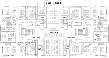Vector art of architectural floor plan of a courthouse with courtroom and public areas
