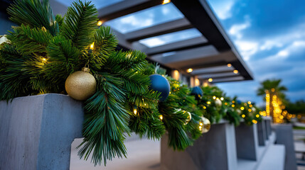 Festive evergreen garland with gold and blue bauble ornament, warm string light, modern outdoor pergola evening scene, cozy holiday decoration and bokeh glow