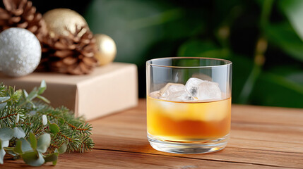 Festive whiskey on rocks in glass with ice on wooden table beside evergreen sprigs and holiday ornament in soft bokeh, cozy warm atmosphere
