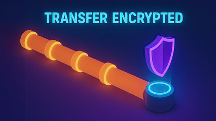 Neon tube pathway with glowing shield icon and TRANSFER ENCRYPTED text conveying secure data transfer and digital protection in futuristic style