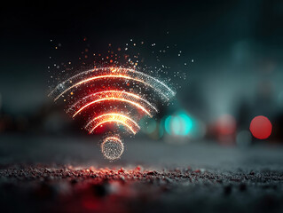 Glowing WiFi signal icon with sparks on dark background, symbolizing internet connection, technology, communication, digital network, and online connectivity. 

