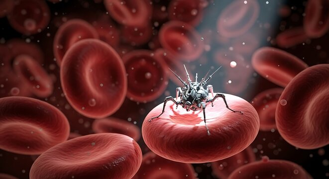 Close up of red blood cell with virus or bacteria in the blood stream