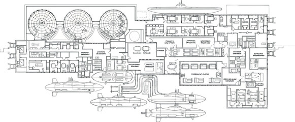 Vector art of blueprint of a complex underground facility with multiple levels and submarines