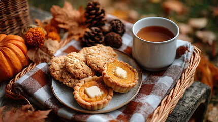 Cozy autumn picnic scene with pumpkin tartlet, oatmeal cookie, hot tea cup, plaid blanket and fall foliage creating warm inviting seasonal mood