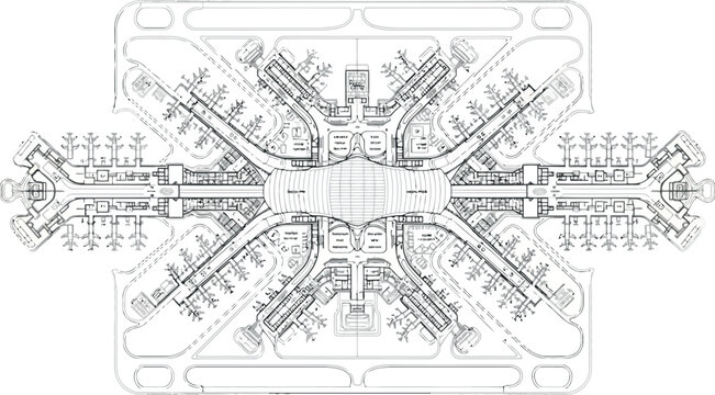 Vector art of aerial blueprint of a large airport terminal with runways and gates