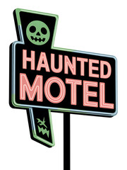 Retro neon haunted motel sign with skull emblem isolated on transparent background