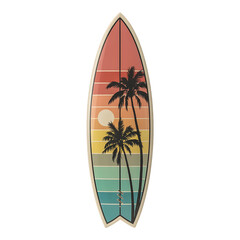 Retro sunset palm tree beach scene design on a surfboard isolated on transparent background