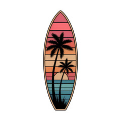 Retro sunset palm trees and ocean scene on a surfboard isolated on transparent background