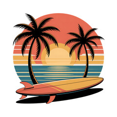 Retro sunset beach scene with palm trees and surfboard isolated on transparent background