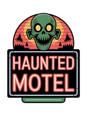 Scary green skull above neon haunted motel sign isolated on transparent background