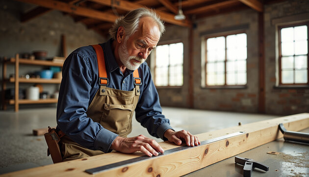 Elderly man focusing on measuring wood in workshop during daytime  