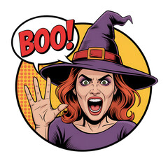 Scared witch with red hair and pointed hat shouting boo isolated on transparent background