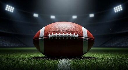 American football on a green grass field in a stadium at night under bright spotlights.