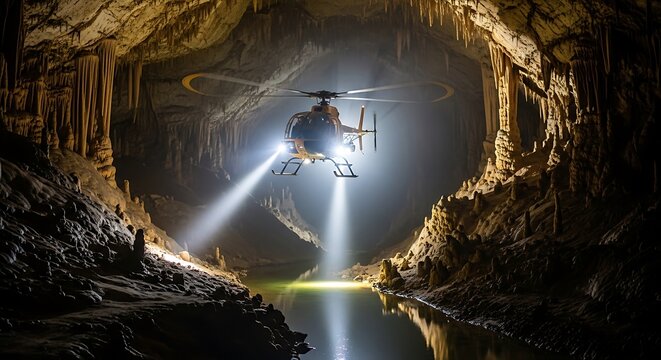 Helicopter with Bright Searchlights Navigating Through a Dark, Enormous Cave with Water Below.