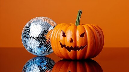 Halloween pumpkin with carved face next to shiny disco ball, set against vibrant orange background, creating a festive atmosphere perfect for seasonal celebrations and themed events