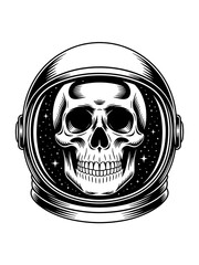 Spooky human skull inside vintage astronaut helmet with stars isolated on transparent background