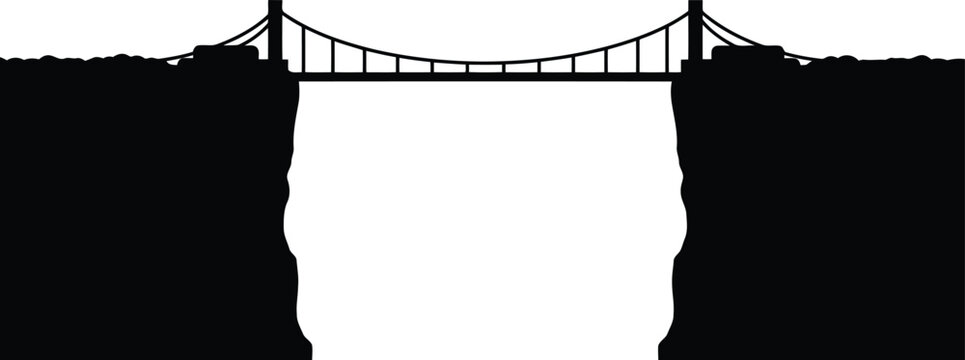 Suspension bridge connecting two cliffs silhouette over white space vector