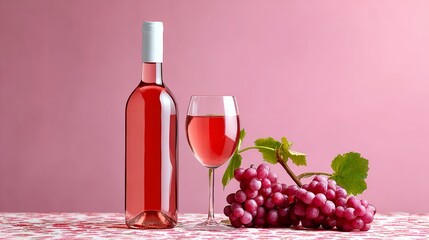 Obraz premium Bottle of rose wine next to a glass filled with pink liquid, accompanied by fresh grapes and green leaves on a patterned tablecloth, creating a vibrant and inviting dining atmosphere