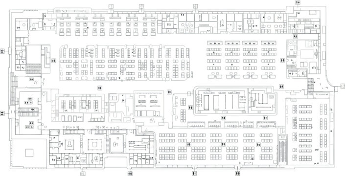 Vector art of detailed architectural floor plan of a large office space with cubicles and conference rooms